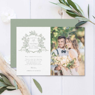 Carte De Remerciements Classic Floral Crest Sage Green Mariage Photo