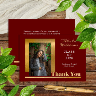 Carte De Remerciements Classy Elegant Gold Text Graduate Photo Maroon