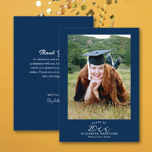 Carte De Remerciements Classy Elegant Script Navy Blue Graduation Photo