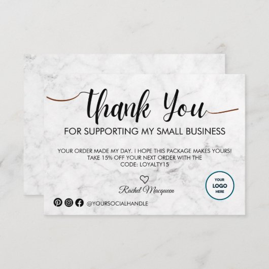 Carte De Remerciements Client White Marble Script (Devant / Derrière)