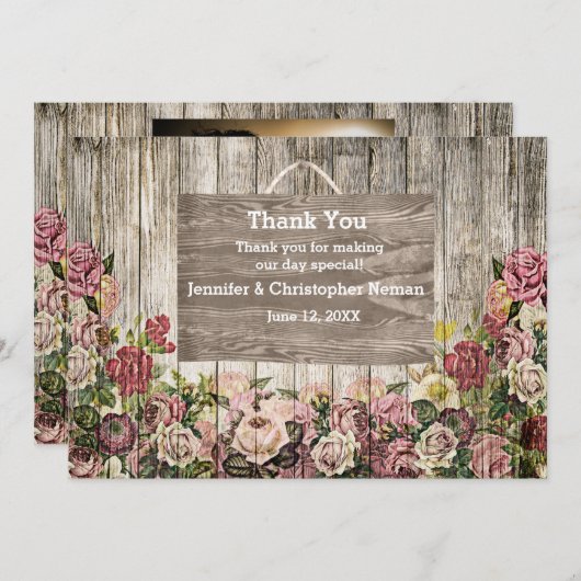 Carte De Remerciements Clôture en bois avec roses peintes & photo personn (Devant / Derrière)
