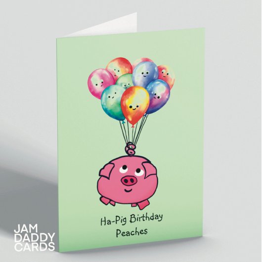 Carte De Remerciements Cochon rose avec Ballons Anniversaire