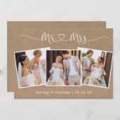 Carte De Remerciements Coeur calligraphie M. Mme Mariage 3 Photo Kraft (Devant / Derrière)