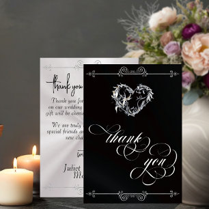 Carte De Remerciements Cœur d'argent et calligraphie sur fond noir/blanc