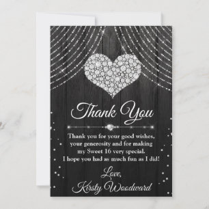 Carte De Remerciements Cœur de diamant argent et noir Sweet 16