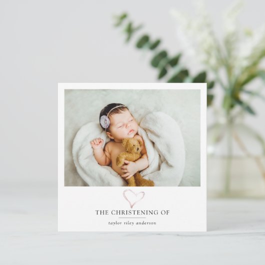 Carte De Remerciements Cœur en feuille de rose Photo Baptême (Debout devant)