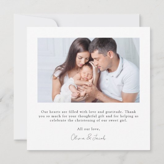 Carte De Remerciements Cœur en feuille de rose Photo Baptême (Dos)