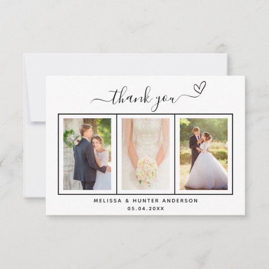 Carte De Remerciements coeur photo mariage simple script élégant (Devant)