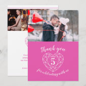 Carte De Remerciements Coeur rose anniversaire 5 ans (Devant / Derrière)