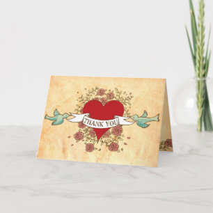 Carte De Remerciements Coeur, roses, oiseaux, et mariage de Bohème de