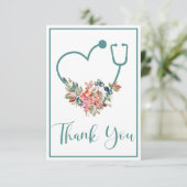 Carte De Remerciements Coeur stéthoscope turquoise Floral (Debout devant)