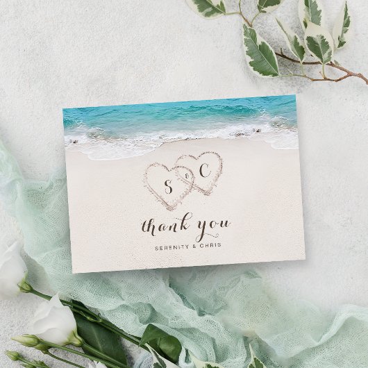 Carte De Remerciements Coeurs dans le sable destination mariage plage