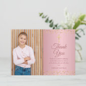 Carte De Remerciements Coeurs d'or du premier Rose de communion (Debout devant)