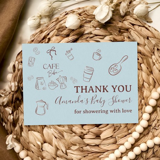 Carte De Remerciements Coffee Theme Boy Blue Bow Cafe Bebe Baby Shower