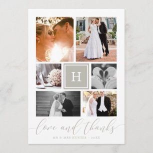 Carte De Remerciements Collage de photos de mariage gris avec monogramme 