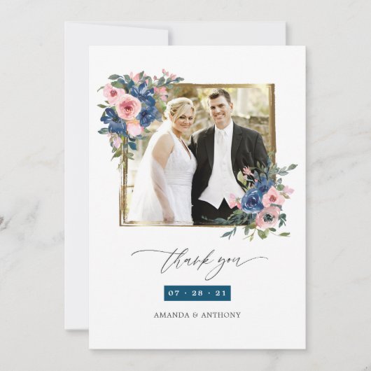 Carte De Remerciements Collage photo de Mariage floral Blush et Navy (Devant)