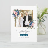 Carte De Remerciements Collage photo de Mariage floral Blush et Navy (Debout devant)