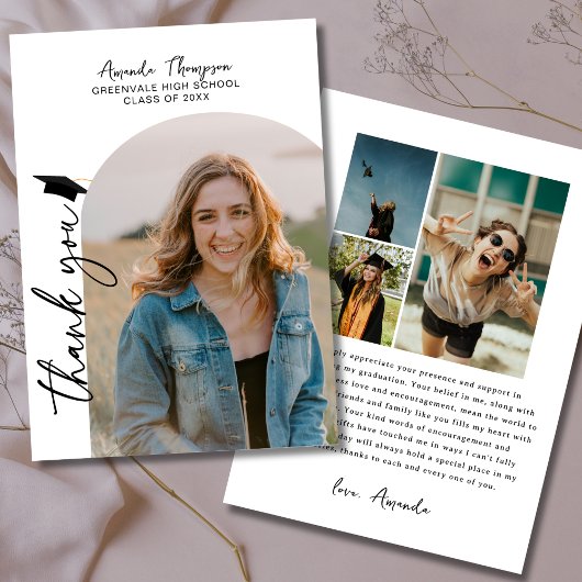 Carte De Remerciements Collage photo moderne noir blanc Graduation