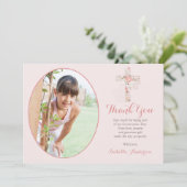 Carte De Remerciements Communion Photo rose rousse Floral Cross Girl (Debout devant)