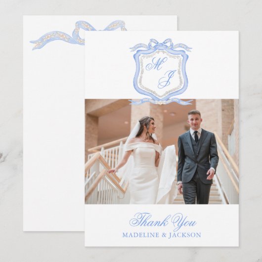 Carte De Remerciements Conception aquarelle Monogramme Bleu Photo (Devant / Derrière)