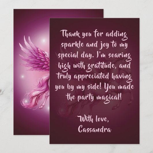 Carte De Remerciements Conception de fantaisie de Pégase rose pour annive (Devant / Derrière)