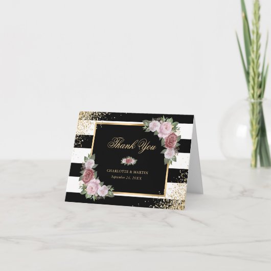 Carte De Remerciements Confetti Noir Blanc Or Blush Rose Floral (Devant)