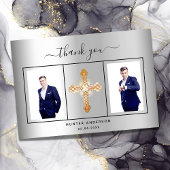 Carte De Remerciements Confirmation argent script photo garçon