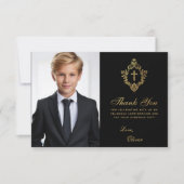 Carte De Remerciements Confirmation Black Gold Crest Elegant Boy Photo (Devant)