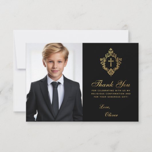 Carte De Remerciements Confirmation Black Gold Crest Elegant Boy Photo (Devant)
