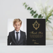 Carte De Remerciements Confirmation Black Gold Crest Elegant Boy Photo (Debout devant)