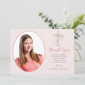 Carte De Remerciements Confirmation blush rose Floral Cross Girl Photo (Debout devant)