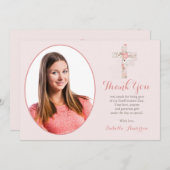 Carte De Remerciements Confirmation blush rose Floral Cross Girl Photo (Devant / Derrière)