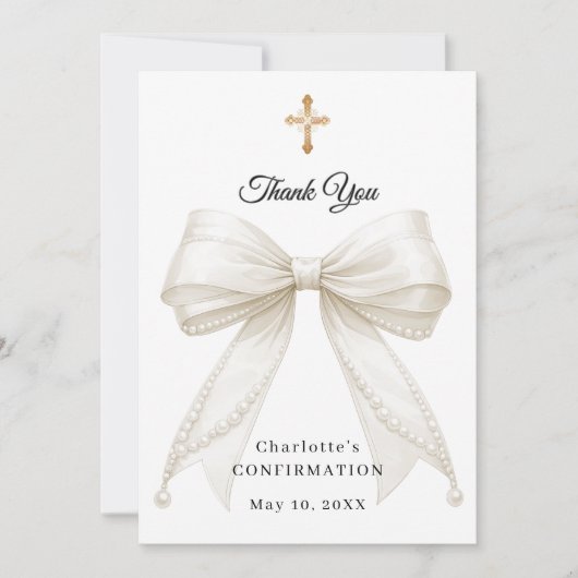 Carte De Remerciements Confirmation bow white ivory pearls (Devant)