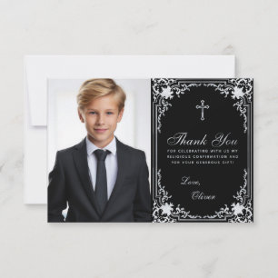 Carte De Remerciements Confirmation Boy Photo Black Elegant Croix Vintage