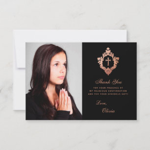 Carte De Remerciements Confirmation Girl Photo Elegant Black Pink Crest