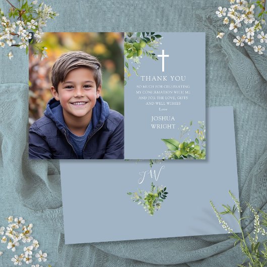 Carte De Remerciements Confirmation photo Dusty Blue Greenery