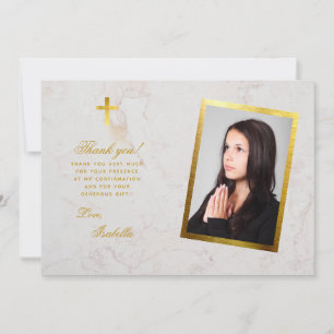 Carte De Remerciements Confirmation Photo Faux Gold Cross Marbre blanc