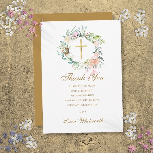 Carte De Remerciements Confirmation Roses Floral Or Script