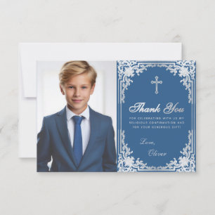 Carte De Remerciements Confirmation Vintage Classique Bleu Argent Garçon