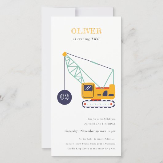 Carte De Remerciements Construction Véhicule de grue Quel que soit l'âge  (Devant)