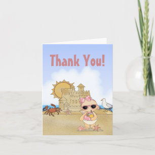 Carte De Remerciements Cool Beach Baby Girl en rose avec Sandcastle