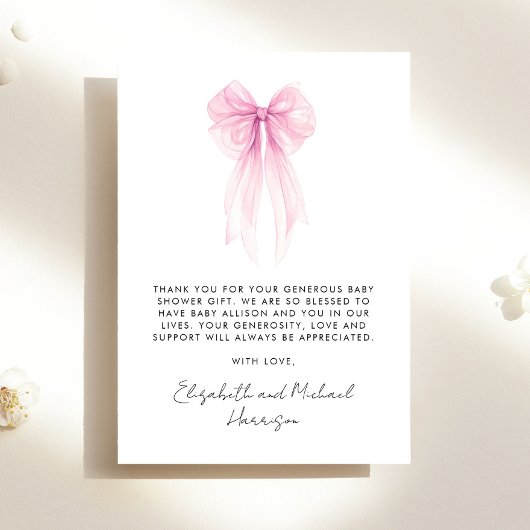 Carte De Remerciements Coquette rose Bow Aquarelle bébé fille douche