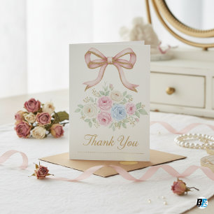 Carte De Remerciements Coquette Rose Ruban Aquarelle Floral Or
