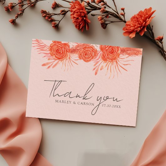 Carte De Remerciements Coral Pink Orange Floral Script Wedding