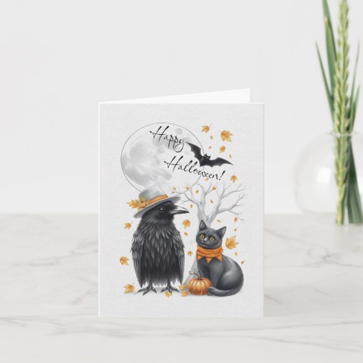 Carte De Remerciements Corbeau et chat Automne Halloween Crow (Devant)