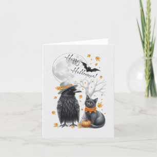 Carte De Remerciements Corbeau et chat Automne Halloween Crow