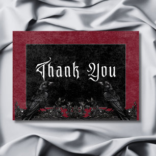Carte De Remerciements Corbeau noir gothique et Mariage de Bourgogne Rose