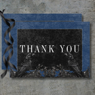Carte De Remerciements Corbeau noir gothique & Roses noirs Bleu Détails