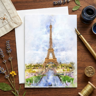Carte De Remerciements Coucher de soleil Tour Eiffel Paris Aquarelle fran