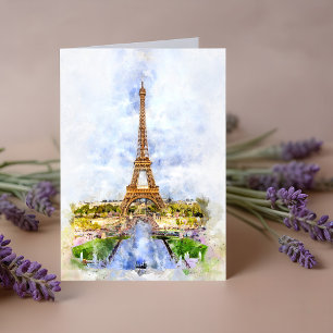 Carte De Remerciements Coucher de soleil Tour Eiffel Paris Aquarelle fran